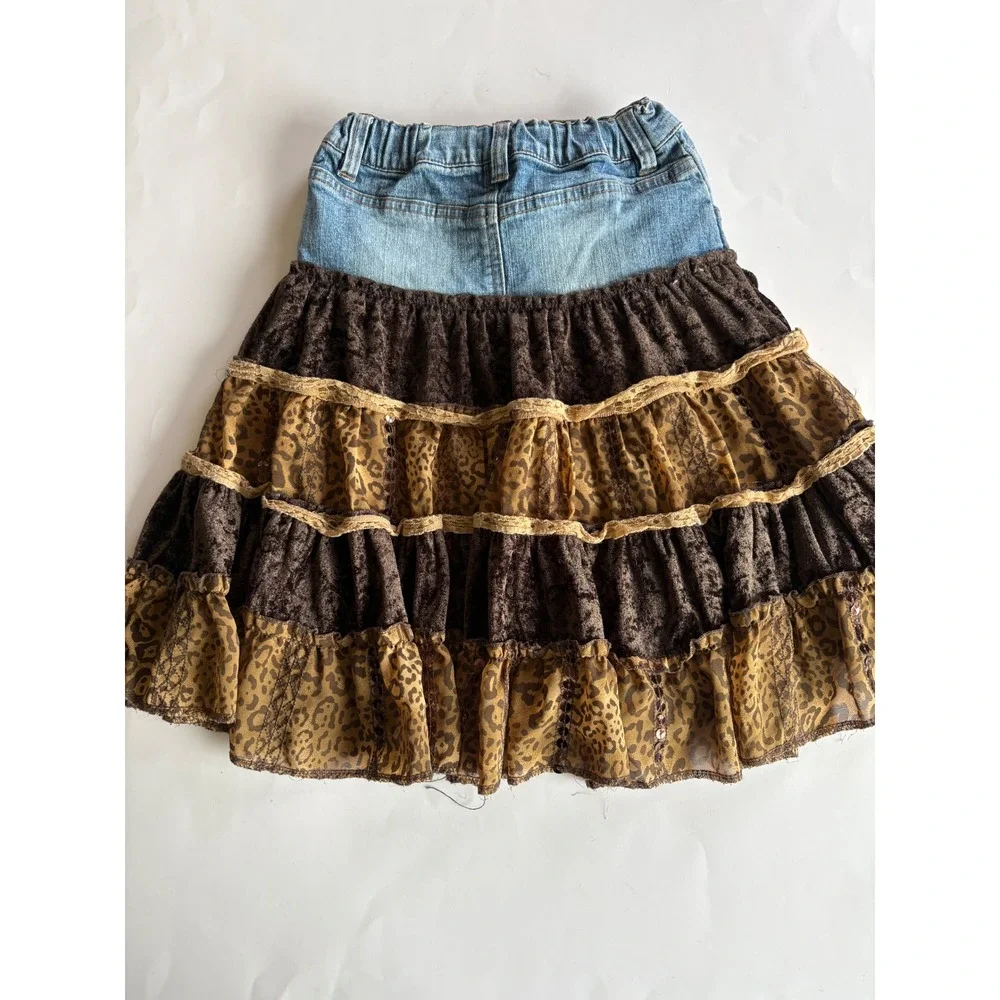 The Childrens Place Y2K Girls Denim Leopard Velvet Tiered Ruffle Skirt Size 6X 7